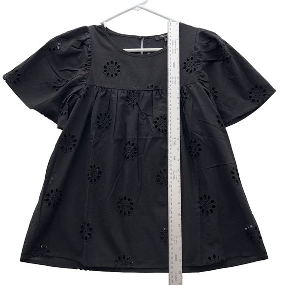 NEW MADEWELL Black Cotton Daisy Eyelet Flutter-Sleeve Yoke Top Size XS NWT 0037 - Picture 9 of 10